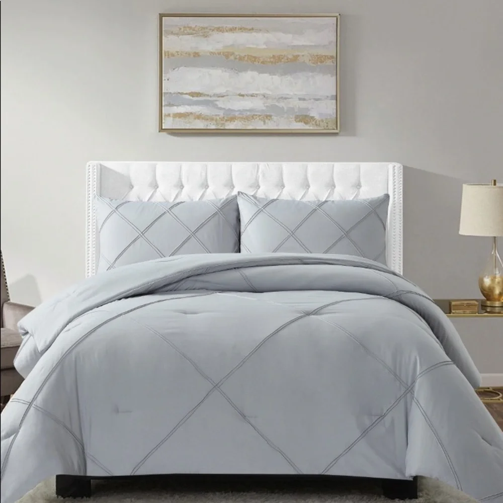 Gray 3 Pieces Soft Boho Comforter Set. Luxury Solid Color Comforter Set